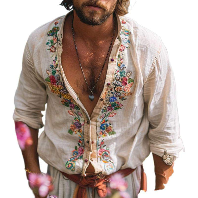 Retro Tops Open Collar Embroidered Shirt