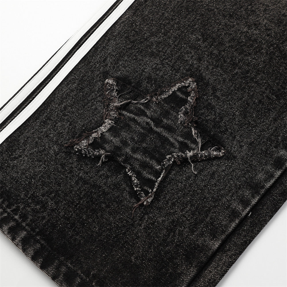 Ripped Side Tape-bar Jeans