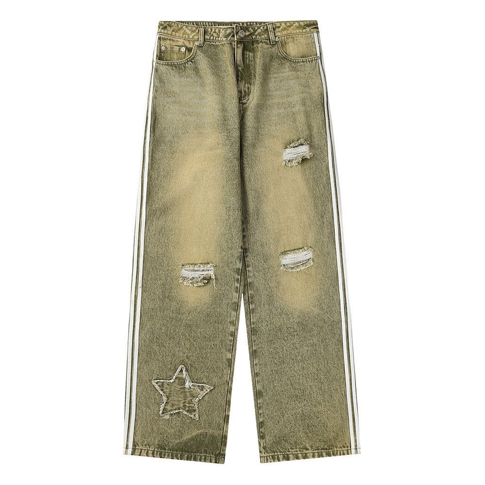 Ripped Side Tape-bar Jeans