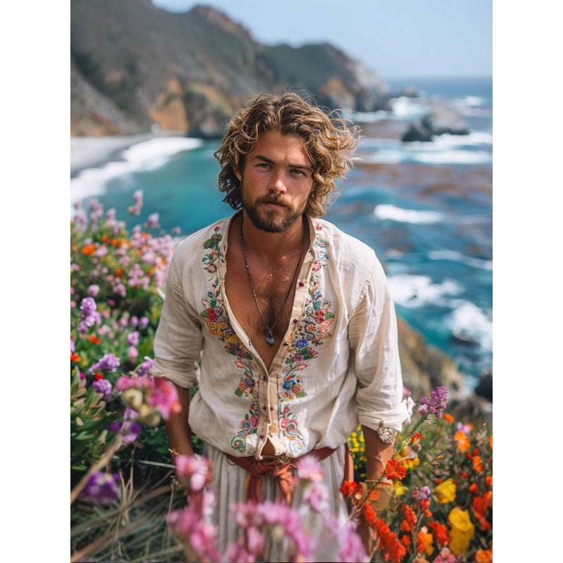 Retro Tops Open Collar Embroidered Shirt