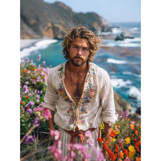 Retro Tops Open Collar Embroidered Shirt