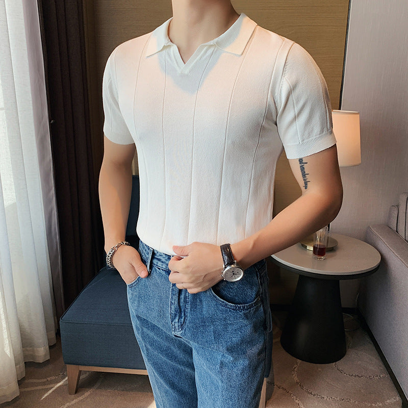 V-neck Knitted Short Sleeve T-shirt