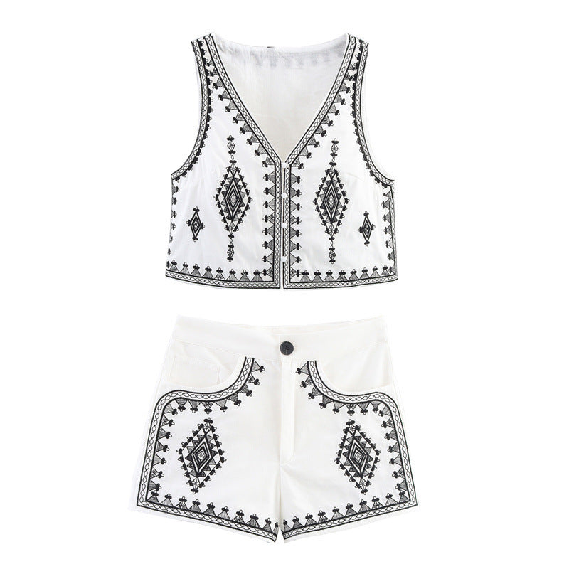 Embroidered Vest Shorts Suit